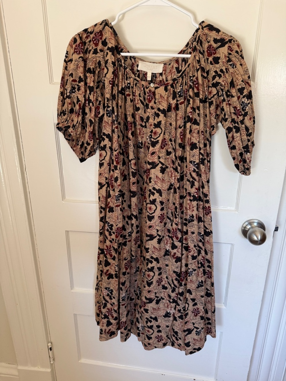 THE GREAT. Beige Floral Dress with Puff Sleeves.